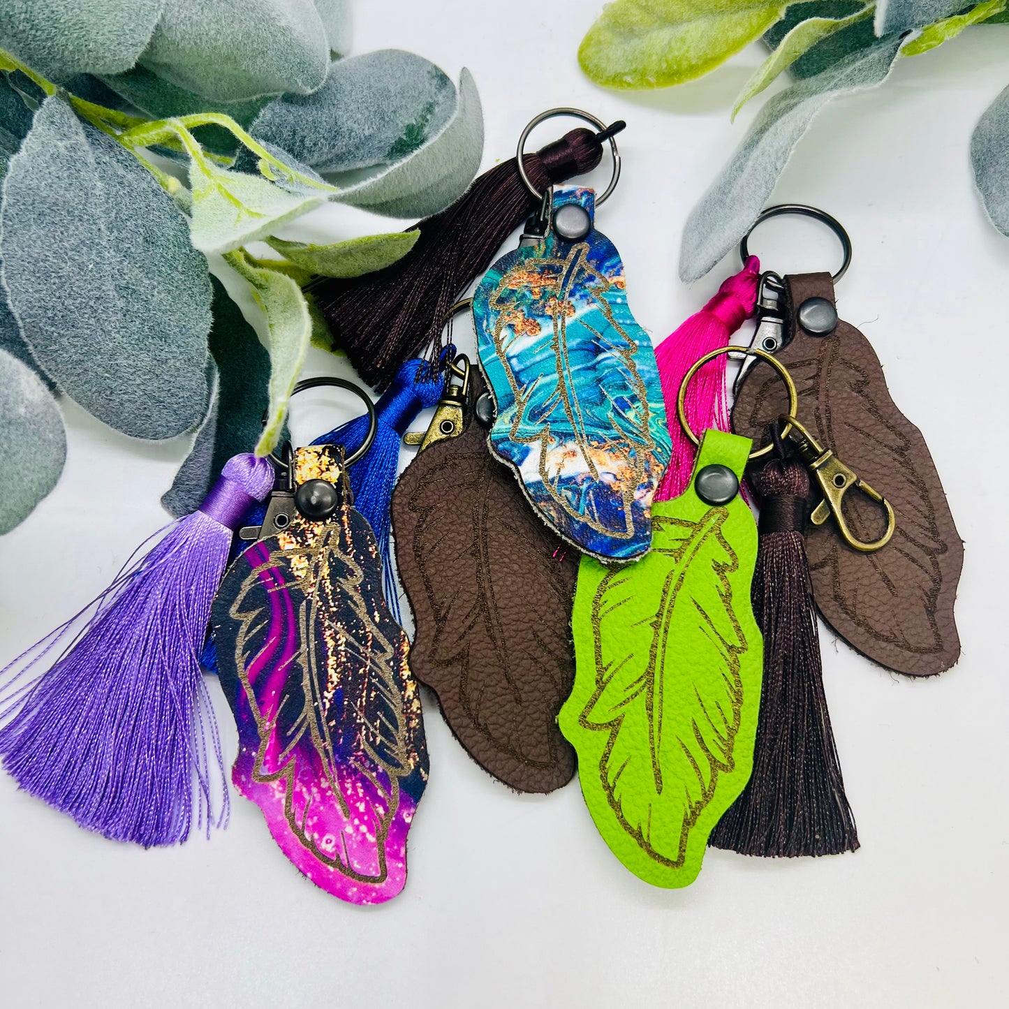 Leather Feather Keychains