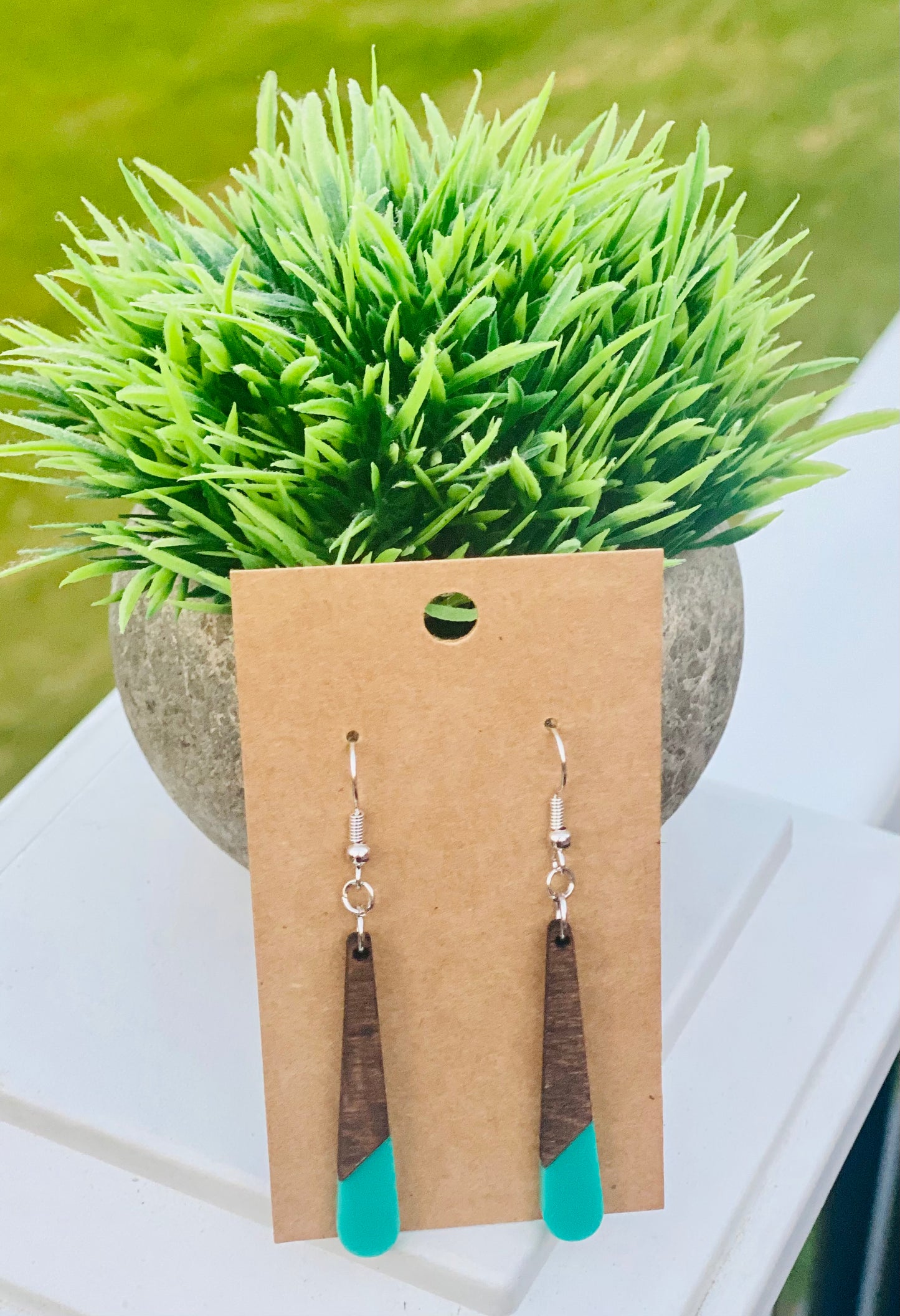 Dark walnut/teal acrylic drops