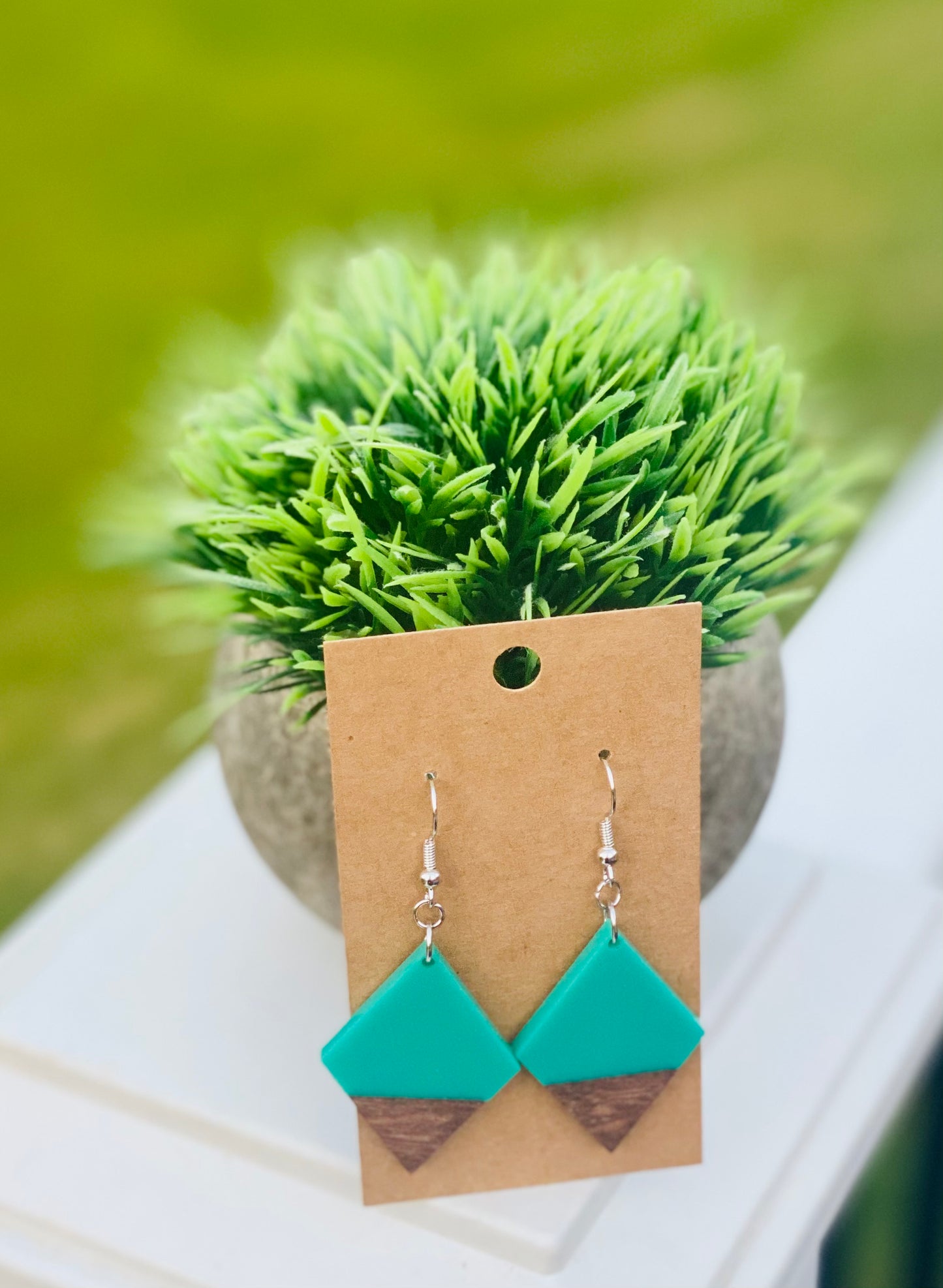 Teal acrylic/dark walnut triangles