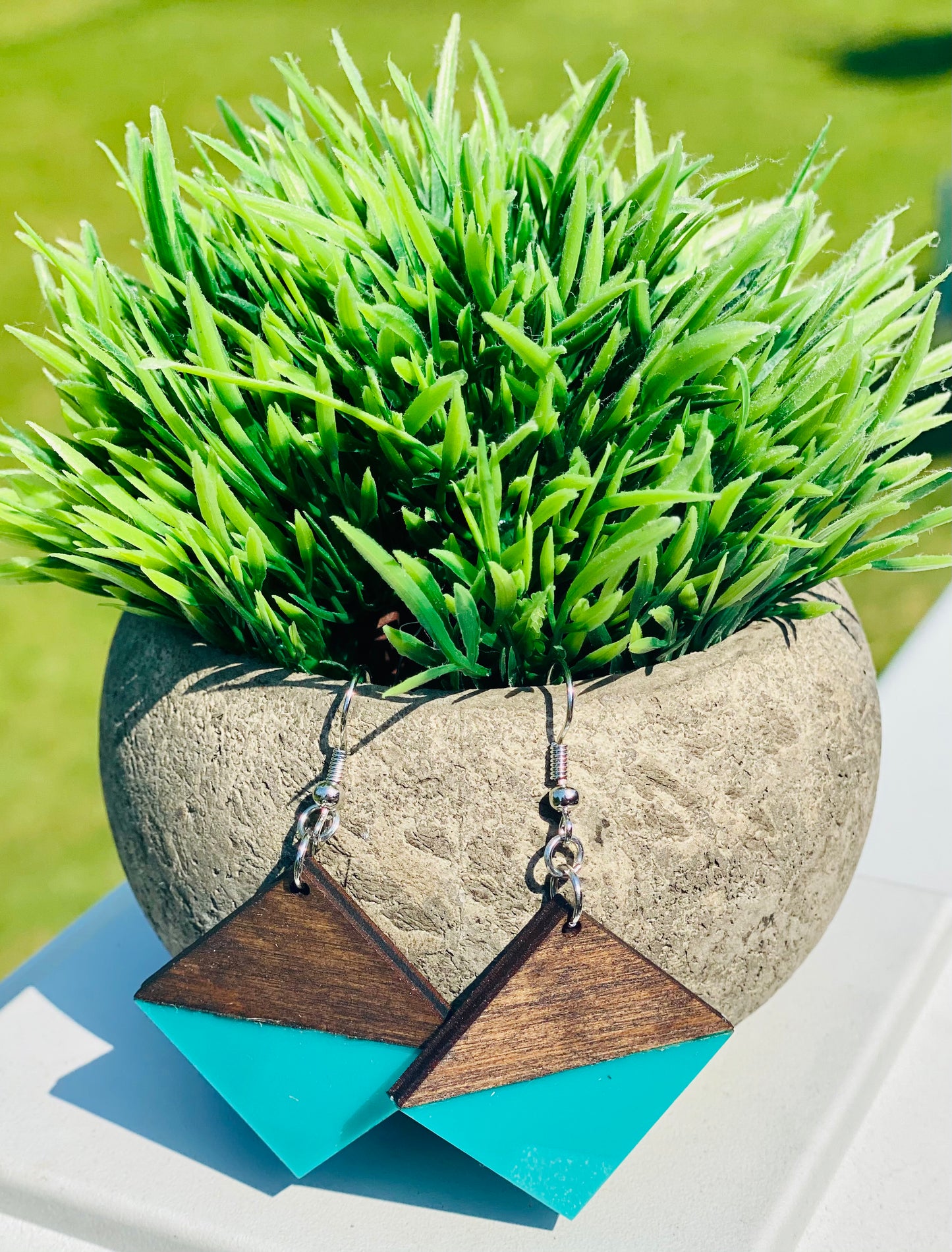 Dark walnut/teal acrylic triangles