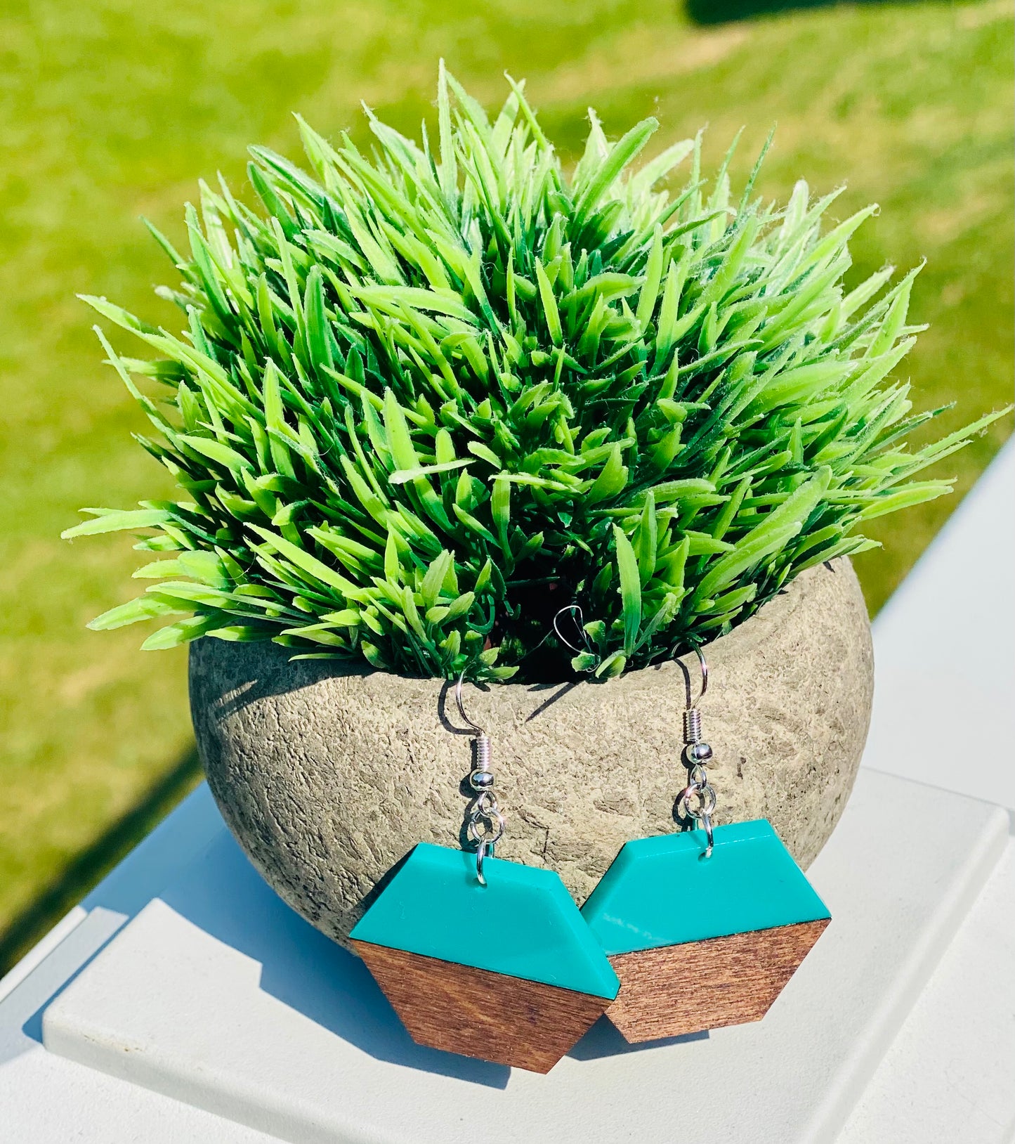 Teal acrylic/ dark walnut hexagon