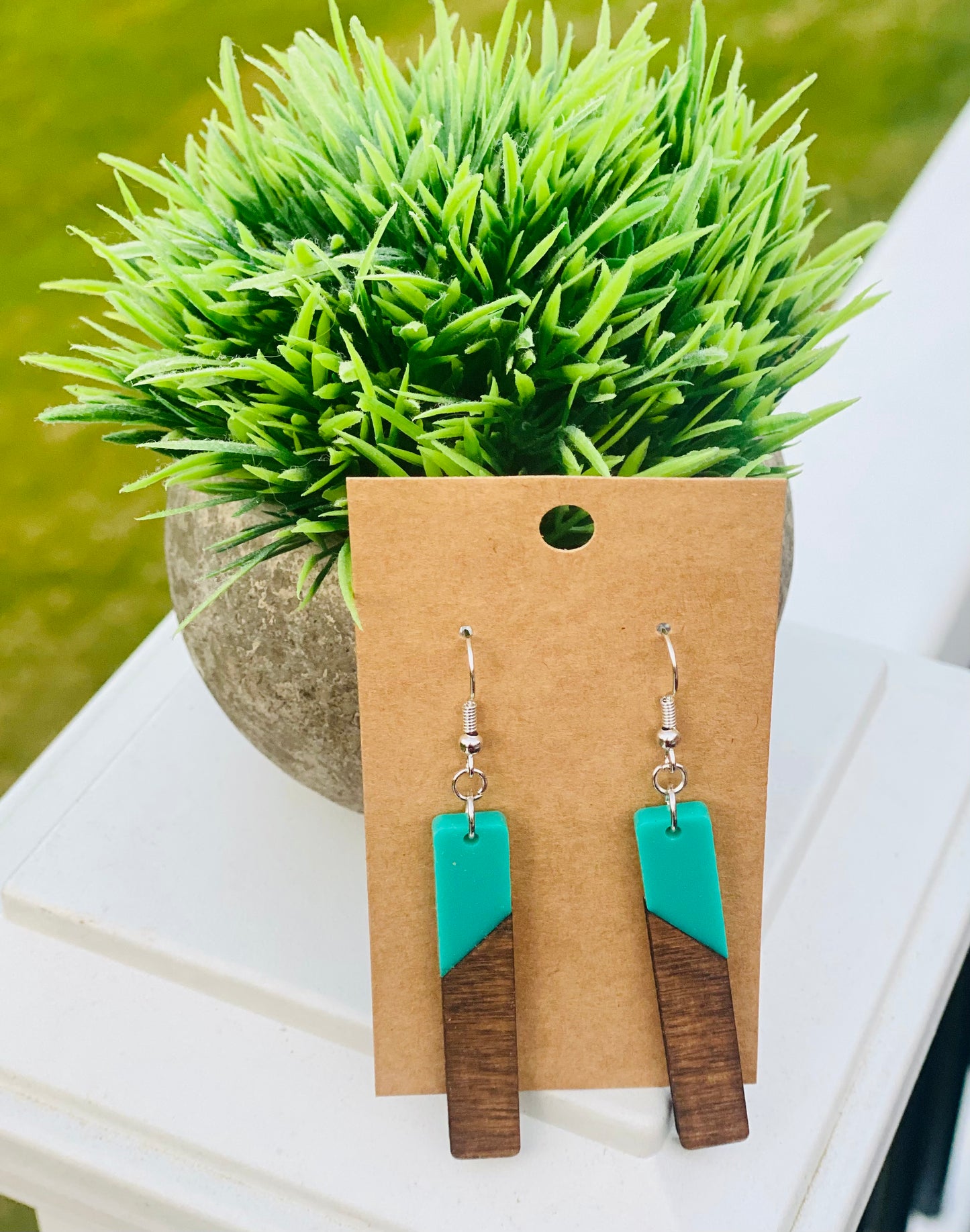 Teal acrylic/dark walnut rectangles