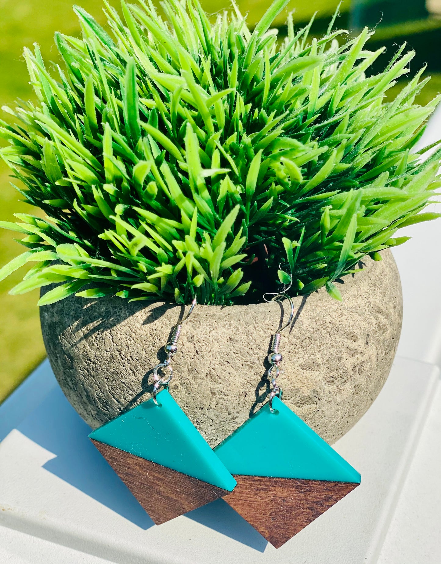 Teal acrylic/dark walnut triangles
