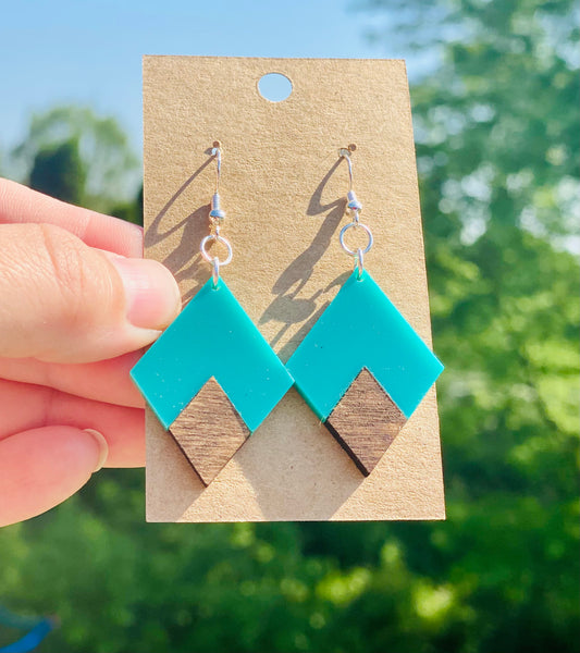 Dark walnut/acrylic teal triangles